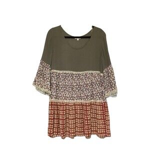 Umgee Dress Womens Medium Multicolored Peasant Floral Plaid Cottagecore Tiered